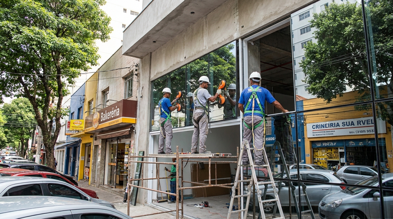 Fachada de vidro com confeitaria vizinha em Sorocaba-SP
