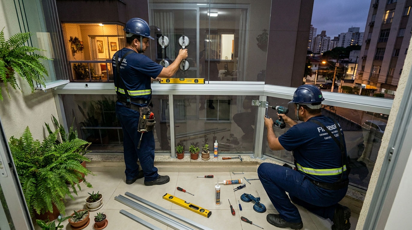 Instalação noturna de parede de vidro em Sorocaba-SP