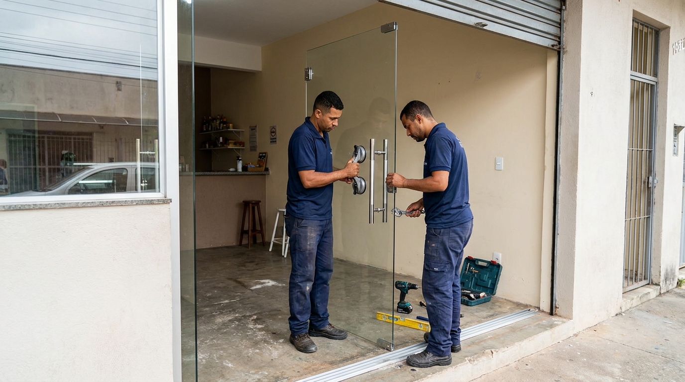 Dupla instalando porta de vidro em loja em Sorocaba-SP