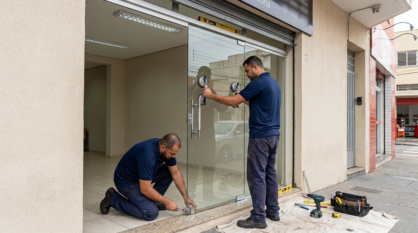 Porta de vidro com puxador inox em Sorocaba-SP